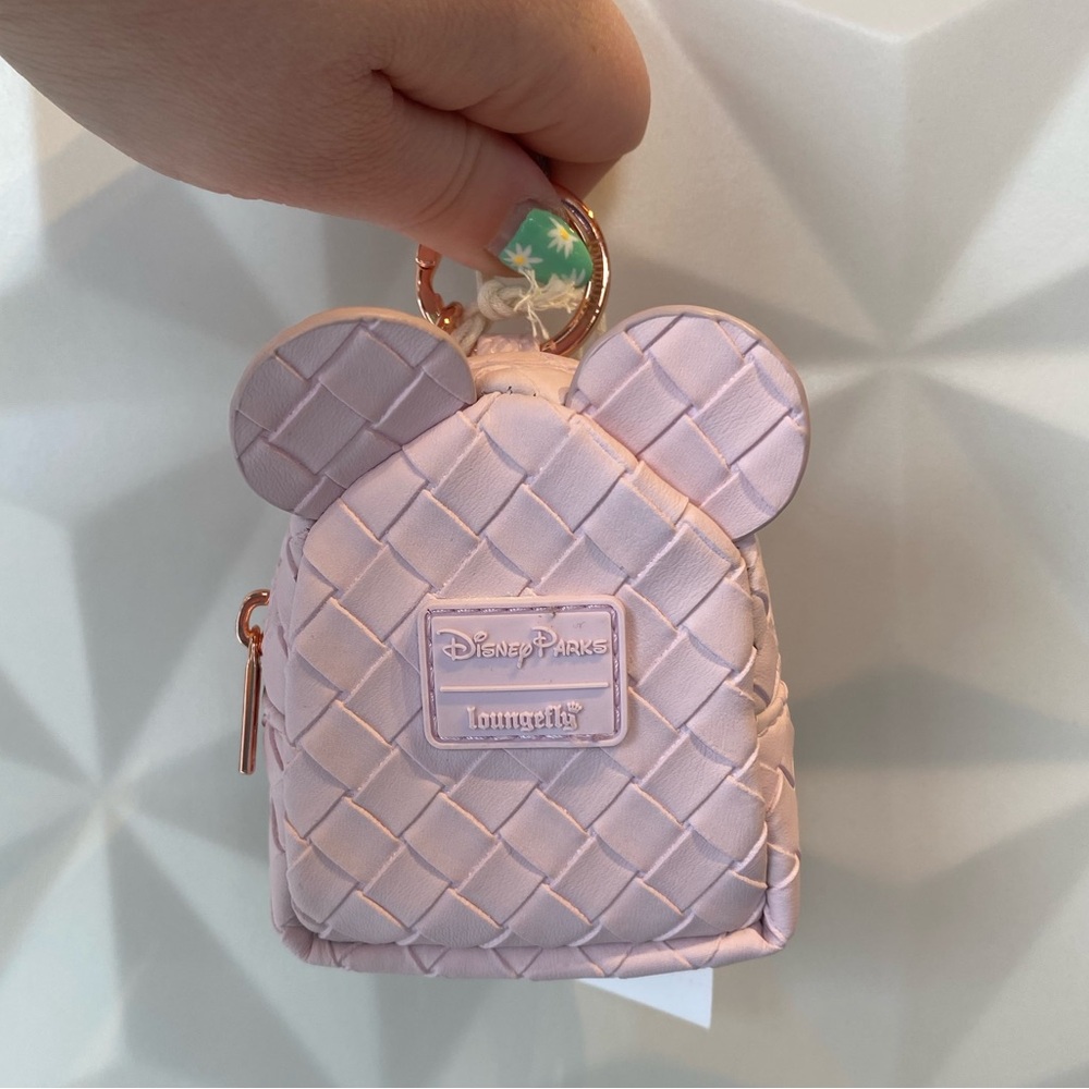 Loungefly x Disney Parks Pink Woven Mini Backpack Bag Keychain Charm NEW